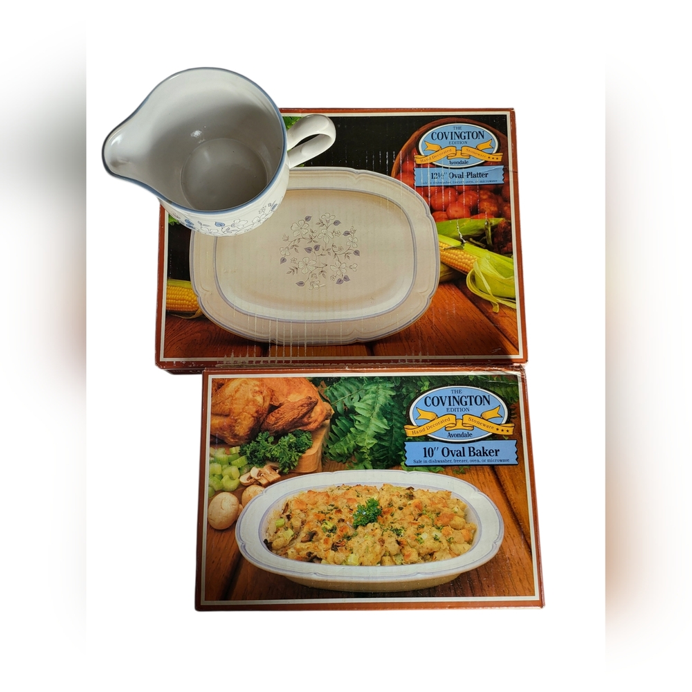 Vintage Covington Avondale Serving Set Platter & Baker NIB Gravy Boat NWOB